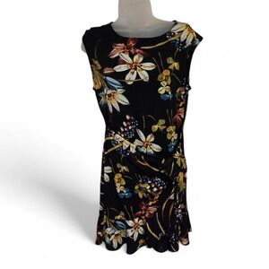 Floral Sleeveless Sheath Dress Black Side Tie Knot‎ Ruffle Hem Botanical Print
